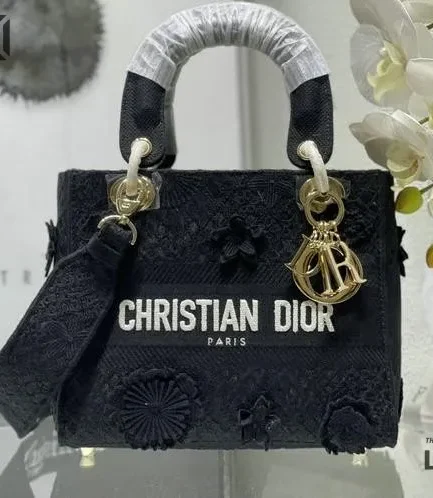 Dior 1:1 Mirror Replica Black D-Lace Embroidery Lady D-Lite 24CM/9.4IN Christian Dior Replica Lady