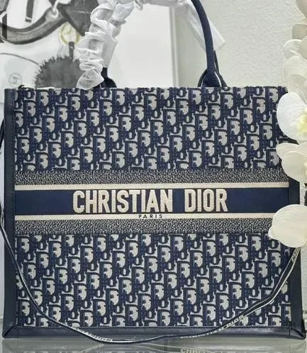 Dior 1:1 Mirror Replica Embroidery Canvas Book Tote Blue Oblique Christian Dior Replica Book Totes
