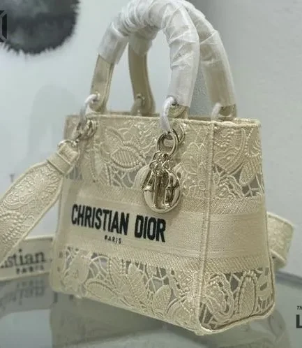 Dior 1:1 Mirror Replica Lady dior D-Lite Embroidered Beige 24CM/9.4IN Christian Dior Replica Lady