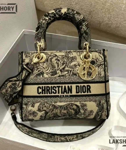 Dior 1:1 Mirror Replica Beige Toile de Jouy Embroidered Lady D-Lite 24CM/9.4IN Christian Dior Replica Lady