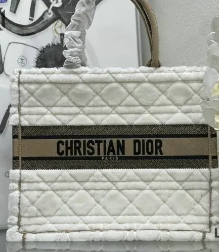 Dior 1:1 Mirror Replica Ecru Shearling Book Tote Cannage Lambskin Christian Dior Replica Book Totes