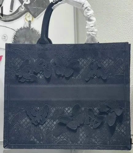 Dior 1:1 Mirror Replica Book Tote Black D-Lace Butterfly Motif Christian Dior Replica Book Totes