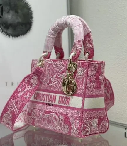 Dior 1:1 Mirror Replica Toile De Jouy Reverse Lady D-Lite Fluorescent Pink 24CM/9.4IN Christian Dior Replica Lady