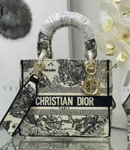 Dior 1:1 Mirror Replica Lady D-Lite Latte & Black Toile de Jouy Zodiac 24CM/9.4IN Christian Dior Replica Lady