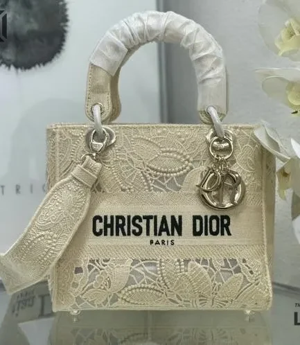Dior 1:1 Mirror Replica Lady dior D-Lite Embroidered Beige 24CM/9.4IN Christian Dior Replica Lady