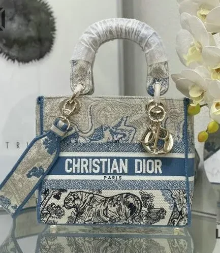 Dior 1:1 Mirror Replica Toile De Jouy Lady D-Lite Blue & Black 24CM/9.4IN Christian Dior Replica Lady