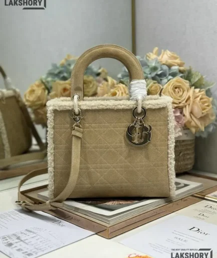 Dior 1:1 Mirror Replica Medium Suede Shearling Lady Dior 24CM/9.4IN Christian Dior Replica Lady