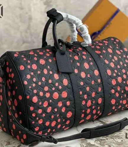 Louis Vuitton 1:1 Mirror Replica X Yayoi Kusama Keepall Bandouliere 50 Black/Red Empreinte 50CM/19.7IN Louis Vuitton Replica Keepall