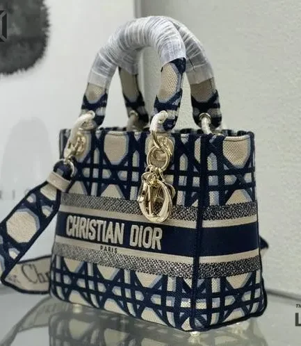 Dior 1:1 Mirror Replica Macrocannage Lady D-Lite Beige Blue 24CM/9.4IN Christian Dior Replica Lady