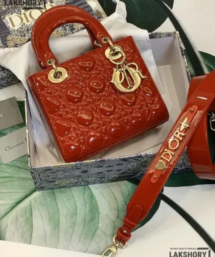 Dior 1:1 Mirror Replica Mini Patent Vermilion Lady Dior 20CM/7.9IN Christian Dior Replica Lady