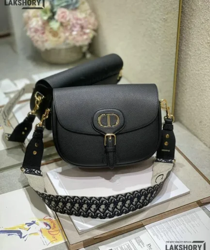 Dior 1:1 Mirror Replica Black Grained Calfskin Large Bobby Flap 27CM/10.6IN Christian Dior Replica Bobby