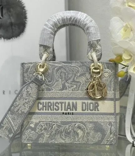Dior 1:1 Mirror Replica Toile De Jouy Reverse Lady D-Lite Gray 24CM/9.4IN Christian Dior Replica Lady