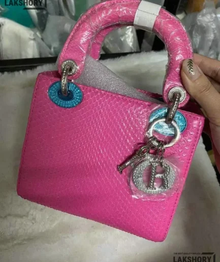Dior 1:1 Mirror Replica Metallic Mini Pink Python Lady Dior 17CM/6.7IN Christian Dior Replica Lady