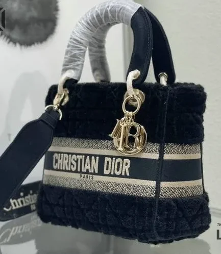Dior 1:1 Mirror Replica Velvet Cannage Lady D-Lite Navy Blue 24CM/9.4IN Christian Dior Replica Lady