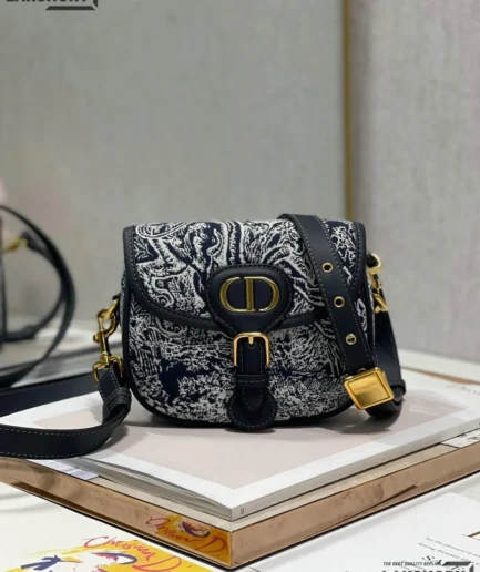 Dior 1:1 Mirror Replica Embroidered Toile de Jouy Blue Bobby Flap 19CM/7.5IN Christian Dior Replica Bobby