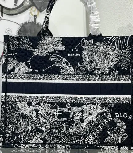 Dior 1:1 Mirror Replica Zodiac Toile De Jouy Book Tote Black Embroidered Christian Dior Replica Book Totes