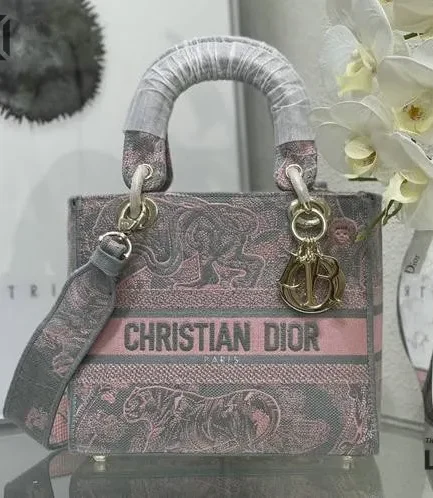 Dior 1:1 Mirror Replica Toile De Jouy Rivera Lady D-Lite Gray Pink 24CM/9.4IN Christian Dior Replica Lady