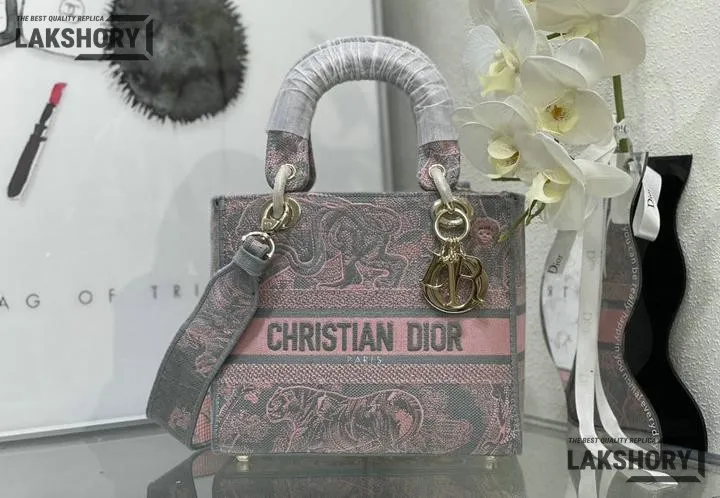 Dior 1:1 Mirror Replica Toile De Jouy Rivera Lady D-Lite Gray Pink 24CM/9.4IN Christian Dior Replica Lady Dior 1:1 Mirror Replica Toile De Jouy Rivera Lady D-Lite Gray Pink 24CM/9.4IN Christian Dior Replica Lady