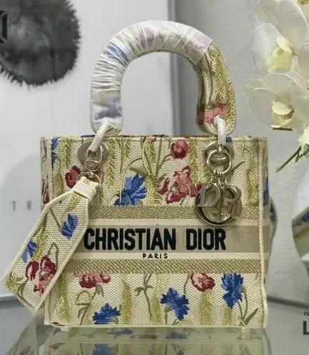 Dior 1:1 Mirror Replica  Hibiscus Printed Lady D-Lite Beige Multicolor 24CM/9.4IN Christian Dior Replica Lady