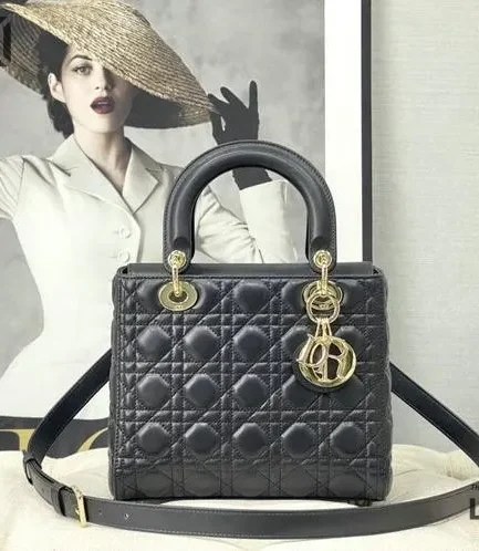 Dior 1:1 Mirror Replica Black MediumSheepskin  Lady Dior 24CM/9.4IN Christian Dior Replica Lady