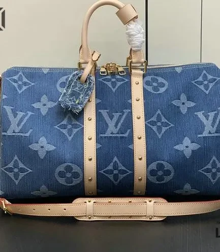 Louis Vuitton 1:1 Mirror Replica Denim LV Remix Keepall Bandouliere 45 Blue 45CM/17.7IN Louis Vuitton Replica Keepall