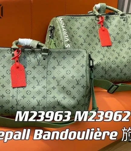 Louis Vuitton 1:1 Mirror Replica Keepall Bandouliere Khaki Green/Vermillion Red Louis Vuitton Replica Keepall