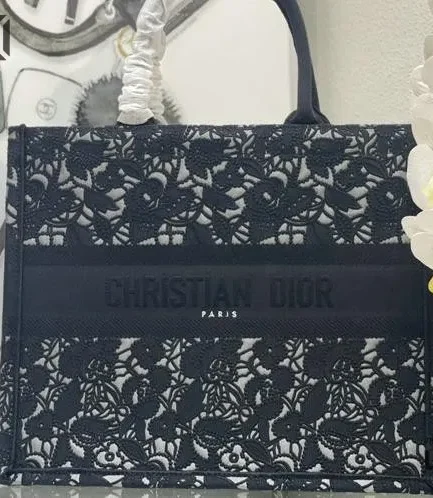 Dior 1:1 Mirror Replica Book Tote Lace Midnight Blue Embroidered Christian Dior Replica Book Totes