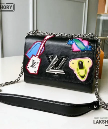 Louis Vuitton 1:1 Mirror Replica Epi Travel Stickers Twist MM Black Shoulder Bag 23CM/9.1IN Louis Vuitton Replica Twist