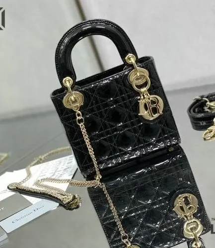 Dior 1:1 Mirror Replica Black Patent Mini Lady Dior Bag 17CM/6.7IN Christian Dior Replica Lady