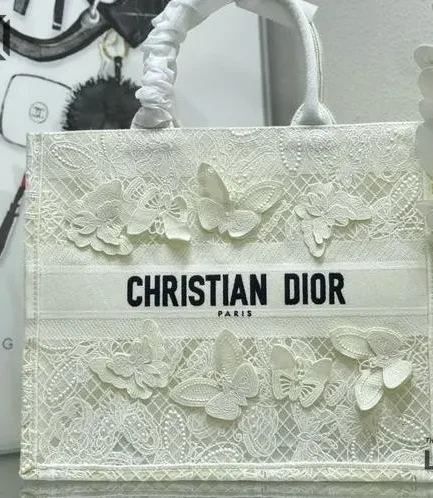 Dior 1:1 Mirror Replica White Book Tote Butterfly Embroidery Christian Dior Replica Book Totes