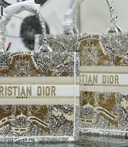 Dior 1:1 Mirror Replica Book Tote Around the World Motif Latte Gold-Tone Christian Dior Replica Book Totes