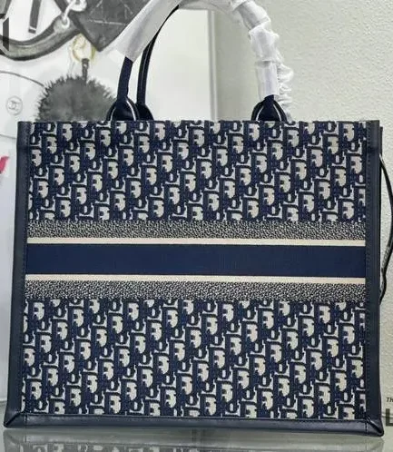 Dior 1:1 Mirror Replica Embroidery Canvas Book Tote Blue Oblique Christian Dior Replica Book Totes