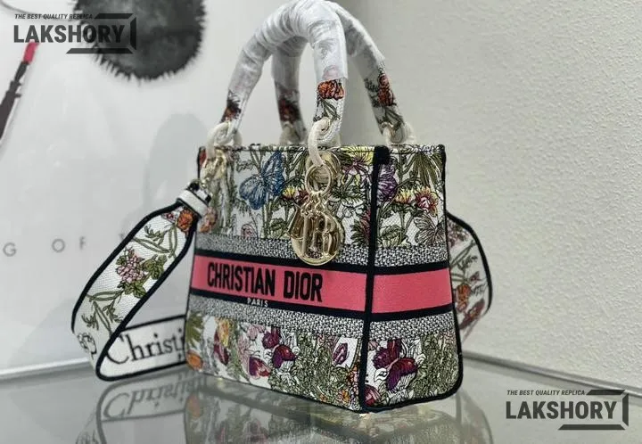 Dior 1:1 Mirror Replica Medium Lady D-Lite Embroidery Multicolor 24CM/9.4IN Christian Dior Replica Lady Dior 1:1 Mirror Replica Medium Lady D-Lite Embroidery Multicolor 24CM/9.4IN Christian Dior Replica Lady