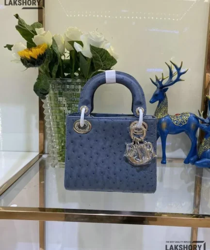 Dior 1:1 Mirror Replica Blue Ostrich Mini Lady Dior 17CM/6.7IN Christian Dior Replica Lady