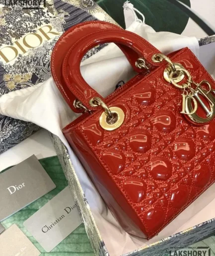 Dior 1:1 Mirror Replica Mini Patent Vermilion Lady Dior 20CM/7.9IN Christian Dior Replica Lady