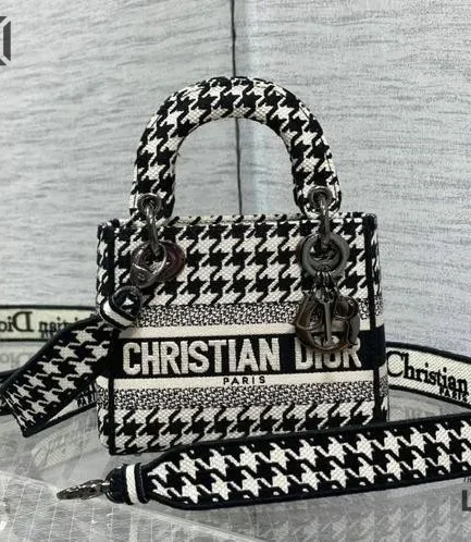 Dior 1:1 Mirror Replica Houndstooth Embroidered Mini Lady D-Lite 17CM/6.7IN Christian Dior Replica Lady