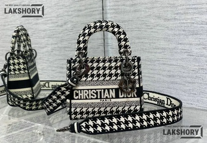 Dior 1:1 Mirror Replica Houndstooth Embroidered Mini Lady D-Lite 17CM/6.7IN Christian Dior Replica Lady Dior 1:1 Mirror Replica Houndstooth Embroidered Mini Lady D-Lite 17CM/6.7IN Christian Dior Replica Lady