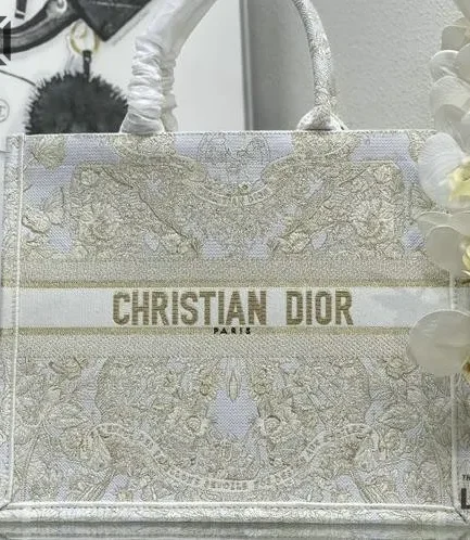 Dior 1:1 Mirror Replica Embroidery Canvas Book Tote Cream/Gold Christian Dior Replica Book Totes
