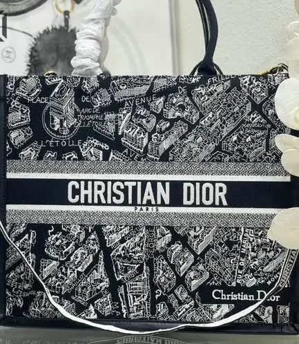Dior 1:1 Mirror Replica Book Tote Black & White Plan de Paris Embroidery Christian Dior Replica Book Totes