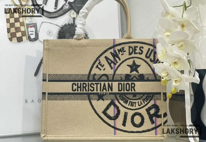 Dior 1:1 Mirror Replica Jute Embroidered Medium Book Tote Black Beige Christian Dior Replica Book Totes Dior 1:1 Mirror Replica Jute Embroidered Medium Book Tote Black Beige Christian Dior Replica Book Totes