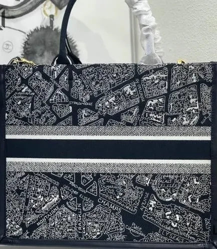 Dior 1:1 Mirror Replica Book Tote Black & White Plan de Paris Embroidery Christian Dior Replica Book Totes