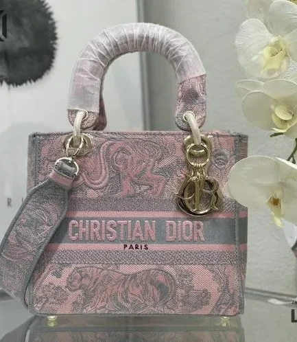 Dior 1:1 Mirror Replica Toile De Jouy Lady D-Lite Gray Pink 24CM/9.4IN Christian Dior Replica Lady