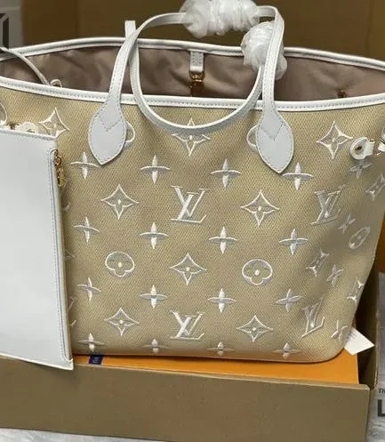 Louis Vuitton 1:1 Mirror Replica Monogram Embroidered Neverfull MM Beige Black 31CM/12.2IN Louis Vuitton Replica Neverfull