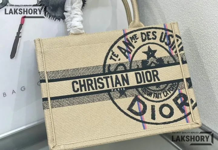 Dior 1:1 Mirror Replica Jute Embroidered Medium Book Tote Black Beige Christian Dior Replica Book Totes Dior 1:1 Mirror Replica Jute Embroidered Medium Book Tote Black Beige Christian Dior Replica Book Totes