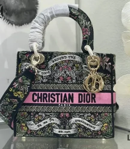 Dior 1:1 Mirror Replica Black Lady D-Lite Around the World Motif 24CM/9.4IN Christian Dior Replica Lady