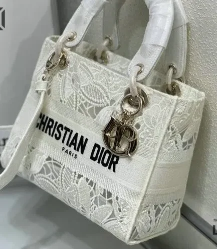 Dior 1:1 Mirror Replica Lady Dior Medium Macrame Embroidery White Christian Dior Replica Lady