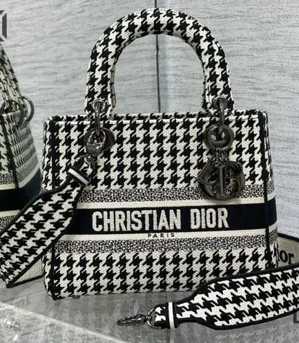 Dior 1:1 Mirror Replica Canvas Medium Houndstooth Lady D-Lite 24CM/9.4IN Christian Dior Replica Lady