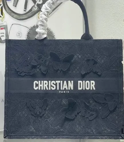 Dior 1:1 Mirror Replica Book Tote Black D-Lace Butterfly Motif Christian Dior Replica Book Totes
