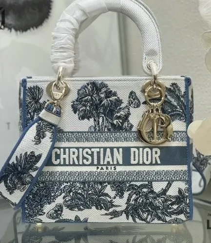 Dior 1:1 Mirror Replica Dioriviera Lady D-Lite White/Blue Toile de Jouy Palms 24CM/9.4IN Christian Dior Replica Lady