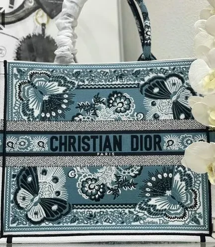 Dior 1:1 Mirror Replica Canvas Butterfly Bandana Book Tote Blue/White Christian Dior Replica Book Totes